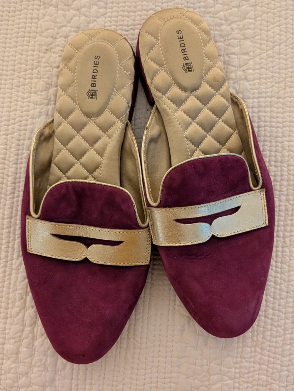 Purple Suede Slip-On Birdies Loafers with Gold Accent